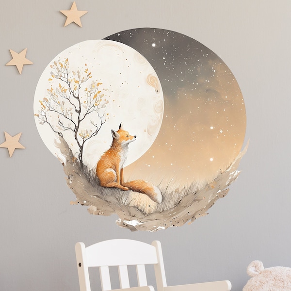 Sticker mural chambre d'enfant renard regarde la lune sticker mural autocollant chambre bébé rond V411