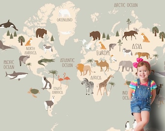 Faune inspirante : carte du monde aux tons doux - papier peint photo pour chambre d'enfant de style bohème - papier peint pour enfants - TP125