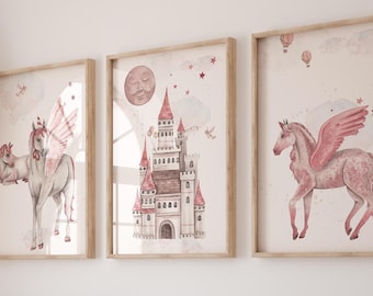 Ensemble d'affiches pour chambre d'enfant Premium P802 // Licorne avec château // Licorne pour chambre de bébé // Images murales murales