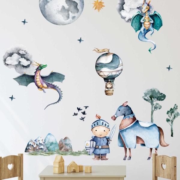 Tatouage mural chambre d'enfant V384 chevalier dragon sticker mural chambre de bébé dragon