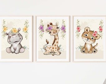 Kinderzimmer Poster Set Premium P724 // Safaritiere mit Blumen // Babyzimmer // Wandbild Wandbilder