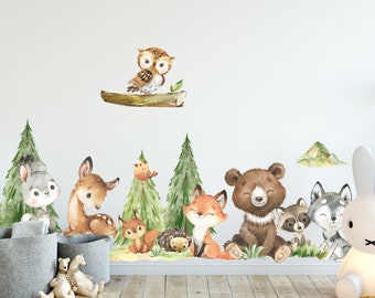Tatouage mural chambre d'enfant animaux de la forêt ours renard cerf sticker mural autocollant chambre de bébé V410