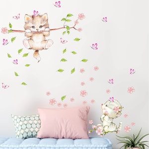 Wall sticker children&#39;s room cat on the branch wall sticker sticker baby room kitty V333