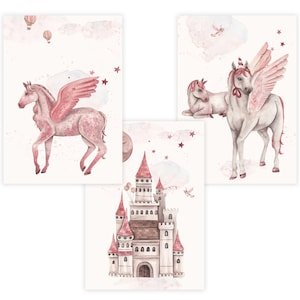 Children&#39;s Room Poster Set Premium P802 // Unicorn with Castle // Baby Room Unicorn // Wall Picture Murals