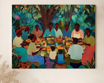 May include: A vibrant painting depicts a group of people gathered around a table laden with food. The scene is set outdoors, surrounded by lush green foliage and a large tree. The artwork features a warm color palette and a sense of community.