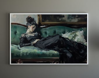 Decadent Young Woman, Woman Portrait, Vintage Wall Art, Painted Art, Emerald Green Art, Moody Wall Decor, Printable Art, Digital Download