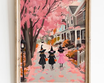 Leuke heks print, preppy trendy afdrukbare kunst, leuke halloween print, roze halloween kunst, spooky schattige digitale download, pastel muurkunst