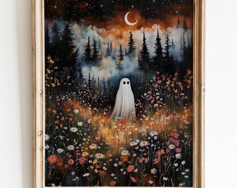 Geisterwald, Halloween-Druck, süßes Gespenst, gruselige Halloween-Kunst, romantische Ghostie-Kunst, süßes Halloween, Halloween-Kunstdruck