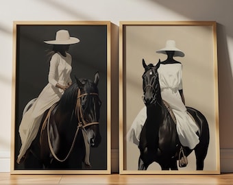 Black Woman On Horse Print Set Of 2, African American Art, Black Owned Art, Horse Painting, Feminist Art, Black Woman Fashion Wall Art