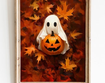 Ghost Pumpkin Fall Art Print, Autumn Wall Decor (Digital Download)