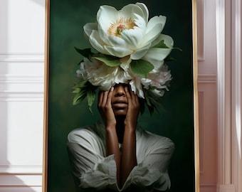 Black Woman Wall Art Poster, African American Female Peony Painting, Black Floral Decoration