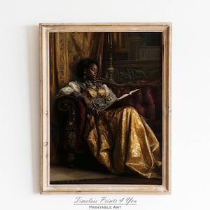 Black Art Woman Reading, Black Girl Reading, African American Wall Art, Gothic Black Woman Painting, Bookclub Gifts African American