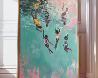 African American Swimming Art Poster, Black Women Swimming, Oil Painting Swimming, Black Woman Wall Art, Black Art Print Kids, Afro Poster