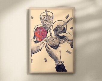 Väggkonst med "Skål", tryck med "Skål", tryck med drinkar, vintagekonst med "Skål", väggkonst med cocktailtryck, väggkonst med vintagecocktailtryck, väggkonst med barvagn