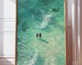 Black Couple Swimming Art Print, African American Oil Painting Poster