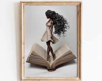 Stampa artistica di una donna nera che legge, arte afroamericana (download digitale)