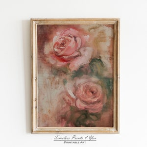 Arte mural abstracto de rosas vintage, pintura al óleo de rosas, arte mural rosa claro, arte mural neutro, arte mural rosa apagado, bodegón de flores imprimible