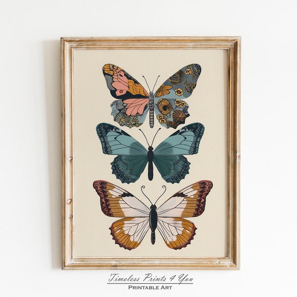 Boho Butterfly art, Floral Butterfly Art, Boho Butterfly Print, Butterfly art work, Old Butterfly Print, Butterfly Art Nursery