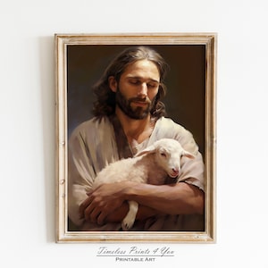 Jesus And Lamb, Jesus Painting, Jesus Wall Art, Modern Christian Art, Modern Catholic Art, Catholic Art Prints, Jesus Png, LDS Art