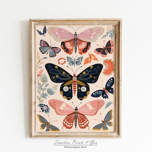 Art papillon bohème, art papillon floral, impression papillon bohème, grand art papillon, impression papillon ancien, chambre d'enfant art papillon