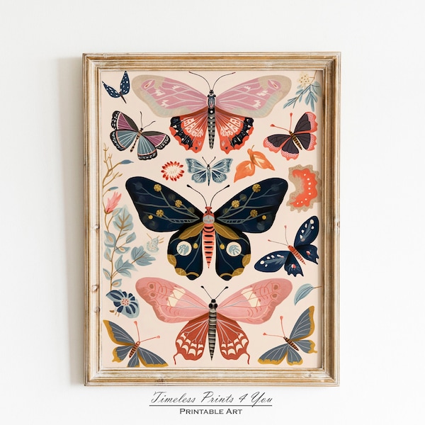 Boho Butterfly art, Floral Butterfly Art, Boho Butterfly Print, Large Butterfly Art, Old Butterfly Print, Butterfly Art Nursery