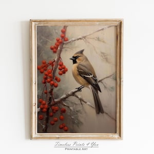 Pintura de pájaro en árbol, pájaro vintage de arte imprimible, arte de pared de pájaro, impresión de arte de pájaro, pintura al óleo de Navidad, árbol de acebo, decoración de vacaciones de invierno