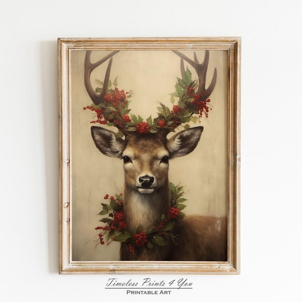 Deer Art Print, Reindeer Print, Vintage Reindeer, Deer Painting, Winter Scene Print, Winter Scene Wall Art, Holly Berries, Red Berry Wreath