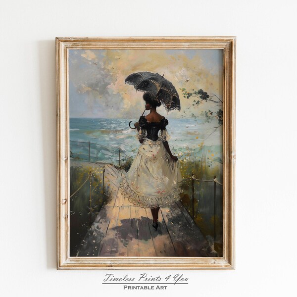 African American Victorian Wall Art, Victorian Women Black Prints, Black Girl Cottage Core Painting, Downloadable Art Black Woman