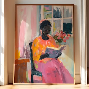 May include: A painting of a person sitting in a chair and reading a book. The person is wearing a yellow and orange shirt and a pink skirt. The background is a pink and blue room with a window.