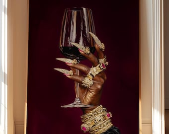 Black Woman Wine Art Print, Glamorous Nails (Digital Download)