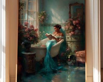 Arte afroamericano para pared de baño, arte negro imprimible para baño, arte africano para el baño, sirena negra en el baño, arte para bañera
