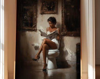 バスルーム用アフリカ系アメリカ人ウォールアート、黒人女性のバスルームアート、ヴィンテージバスルームアート、バスルーム用黒人アートプリント、読書をする黒人女性