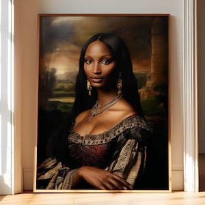 May include: A framed portrait of a woman with long black hair, wearing a Renaissance-style dress with gold and brown accents. The painting features a dark background with a landscape and a building. The woman is adorned with jewellery.