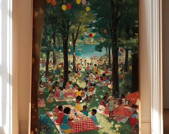 Afroamerikanische Wandkunst, schwarze Kunstdrucke, afroamerikanische Kunstwerke, Juni-Picknick im Park, schwarze Kunstmalerei, schwarze Familienkunst