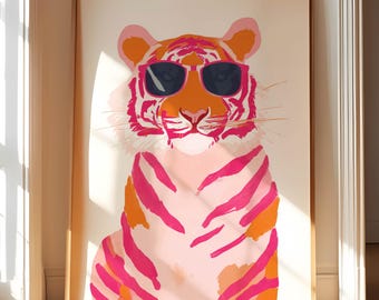 Pink Tiger Art Print, Preppy Wall Art, Pink Tiger Kids Wall Art, Tiger Art Girls Room, Coquette Room Decor, Pastel Wall Art, Retro Tiger Art