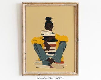 Black Woman Art, African American Wall Art, Downloadable Prints Black Women, Black Art Woman Reading, Black Lady Reading Portrait