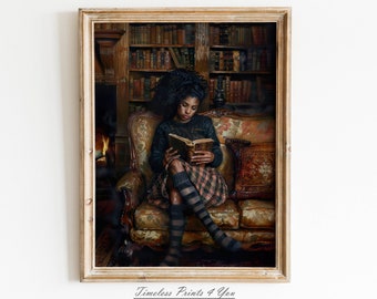 Dark Moody Art imprime mujeres negras, impresión de arte afroamericano, impresión vintage de mujer negra, arte al óleo digital de mujer negra, lectura de dama negra