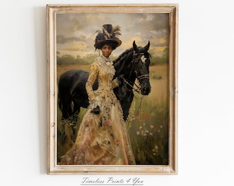 May include: A painting of a Black woman in a yellow dress and a large hat riding a black horse in a field. The painting is framed in a light wood frame.