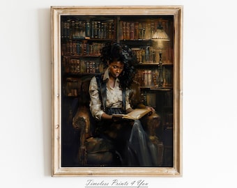 Mujer leyendo en arte negro, arte de mujer leyendo en arte negro, arte afroamericano para biblioteca, impresión vintage de chica negra, impresiones de arte afroamericano
