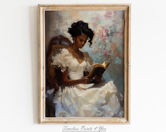May include: A painting of a woman in a white dress sitting in a chair and reading a book. The background is a soft, colorful floral pattern.