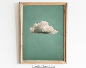 Printable Cloud Art, Digital Download Clouds, Cloud Vintage Art Print, Sage Green Cloud Wall Art, Minimalist Large Wall Art, Vintage Art
