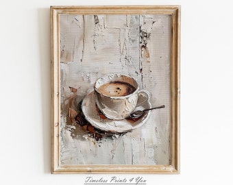 油彩画　coffee time Still Life Painting.Сup of Coffee With Croissant Picture