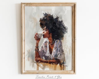 May include: A watercolor painting of a woman with an afro drinking from a white cup. She is wearing a white shirt with a black and white pattern. The background is a light gray with splashes of color.