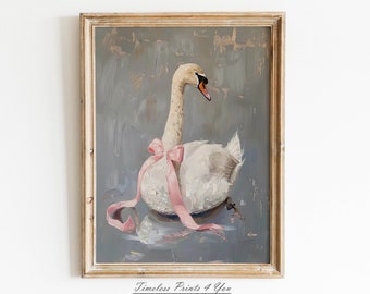 Swan Wall Art Print, Coquette Wall Art Print, Pink Coquette Room Decor, Vintage Girly Wall Art, Preppy College Apartment Print, Pastel Art