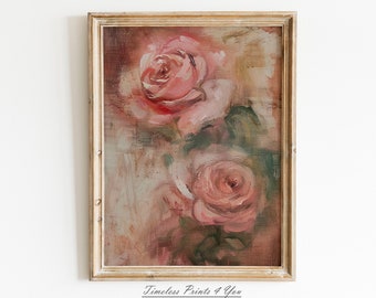 Lámina de pintura al óleo de rosas vintage, arte floral abstracto para pared (descarga digital)