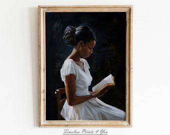 Impressão artística de mulher negra lendo, retrato em estilo vintage (download digital)