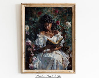 May include: A painting of a woman in a white dress sitting in a garden, reading a book. She has dark skin and long, dark hair. The garden is lush and green, with many flowers in bloom.