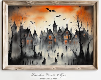May include: A watercolor painting of a spooky village with a dark orange sky, silhouetted trees, and a group of witches walking through the fog. The village is made up of several houses with lit windows and a church steeple. Bats fly in the sky.