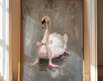 Swan Wall Art Print, Coquette Wall Art Print, Pink Coquette Room Decor, Vintage Girly Wall Art, Preppy College Apartment Print, Neutral Art