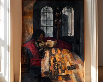 Mujer negra leyendo, niña negra leyendo, arte afroamericano, pintura de mediados de siglo de una mujer negra, pintura de mujer negra, arte negro vintage